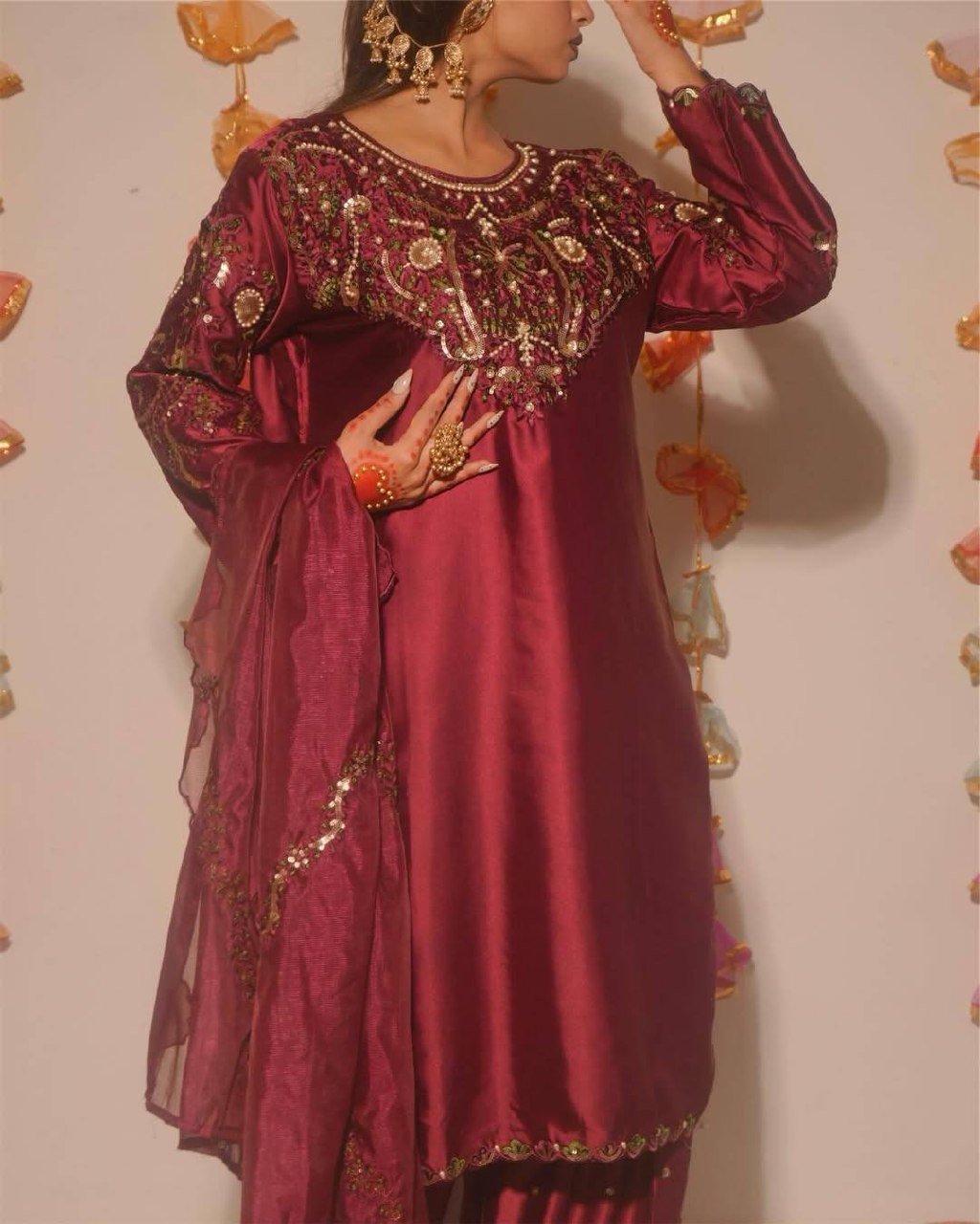 Midnight Oxblood Jewel-Neck Ensemble